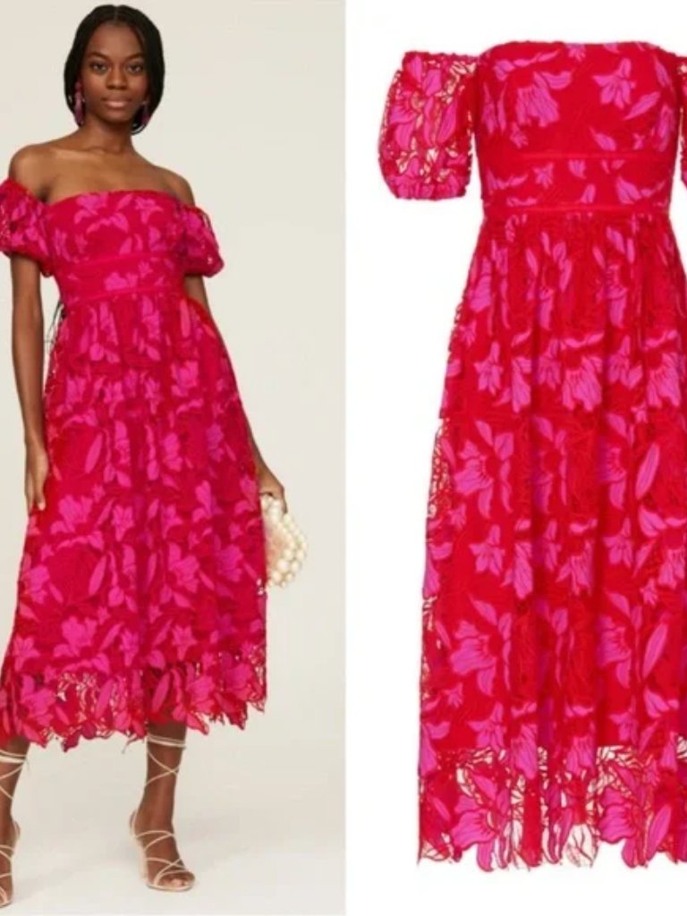Monique Lhuillier Guipure Lace Off-Shoulder Midi Dress Stunning! $645 Party Sz 4